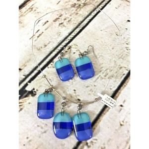 Choker‎ Cable Necklace & Matching Earrings Set Wire Band Blue Glass Pendants